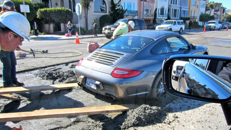 Resultado de imagem para fresh cement, and his Porsche 911 got stuck.