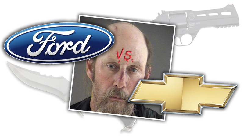 Illustration for article titled Ford vs. Chevy Debate Finally Settled with Knives and Guns