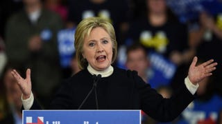 Democratic presidential hopeful Hillary Clinton speaks at her primary-night party Feb. 9, 2016, at Southern New Hampshire University in Hooksett, N.H.DON EMMERT/AFP/Getty Images