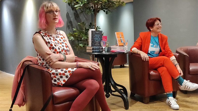 Charlie Jane Anders and Annalee Newitz, discussing their novels at a recent event in London, England.