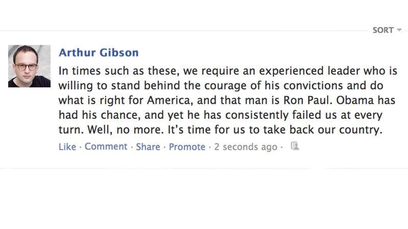 Illustration for article titled Apparently Facebook Friend Under Impression Ron Paul Still Running For Major Federal Office