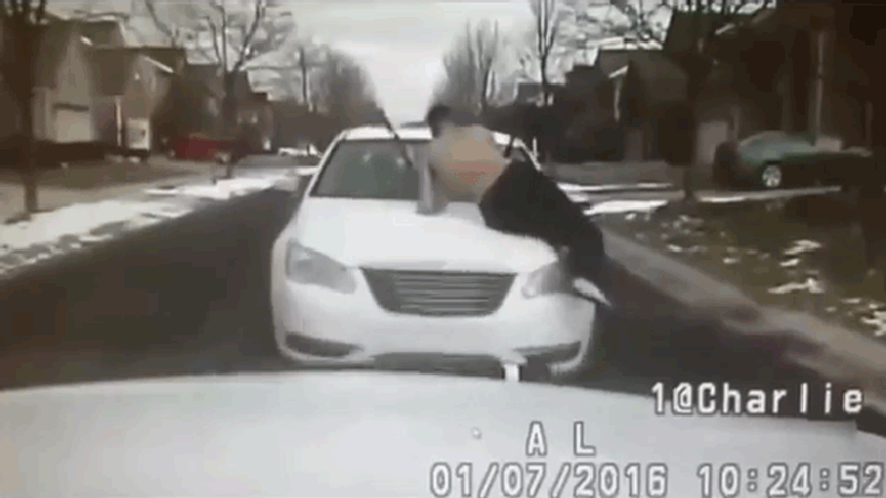 Guy With Brother On Hood Rams Cop Car, Gives Cop Amazing Look