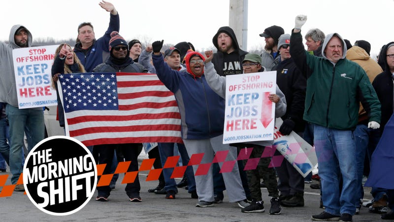 General Motors employees gather outside the plant for a protest, Wednesday, March 6, 2019, in Lordstown, Ohio.