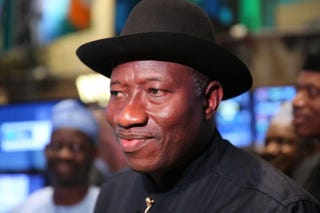 Nigerian President Goodluck Jonathan walks on the floor of the New York Stock Exchange before ringing the closing bell on Sept. 23, 2013, in New York City.Spencer Platt/Getty Images