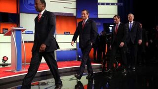 Republican presidential candidates Ben Carson, Ted Cruz, Marco Rubio and Jeb Bush walk onstage prior to the start of the Fox News-Google GOP debate Jan. 28, 2016, in Des Moines, Iowa. Donald Trump decided not to participate.Alex Wong/Getty Images