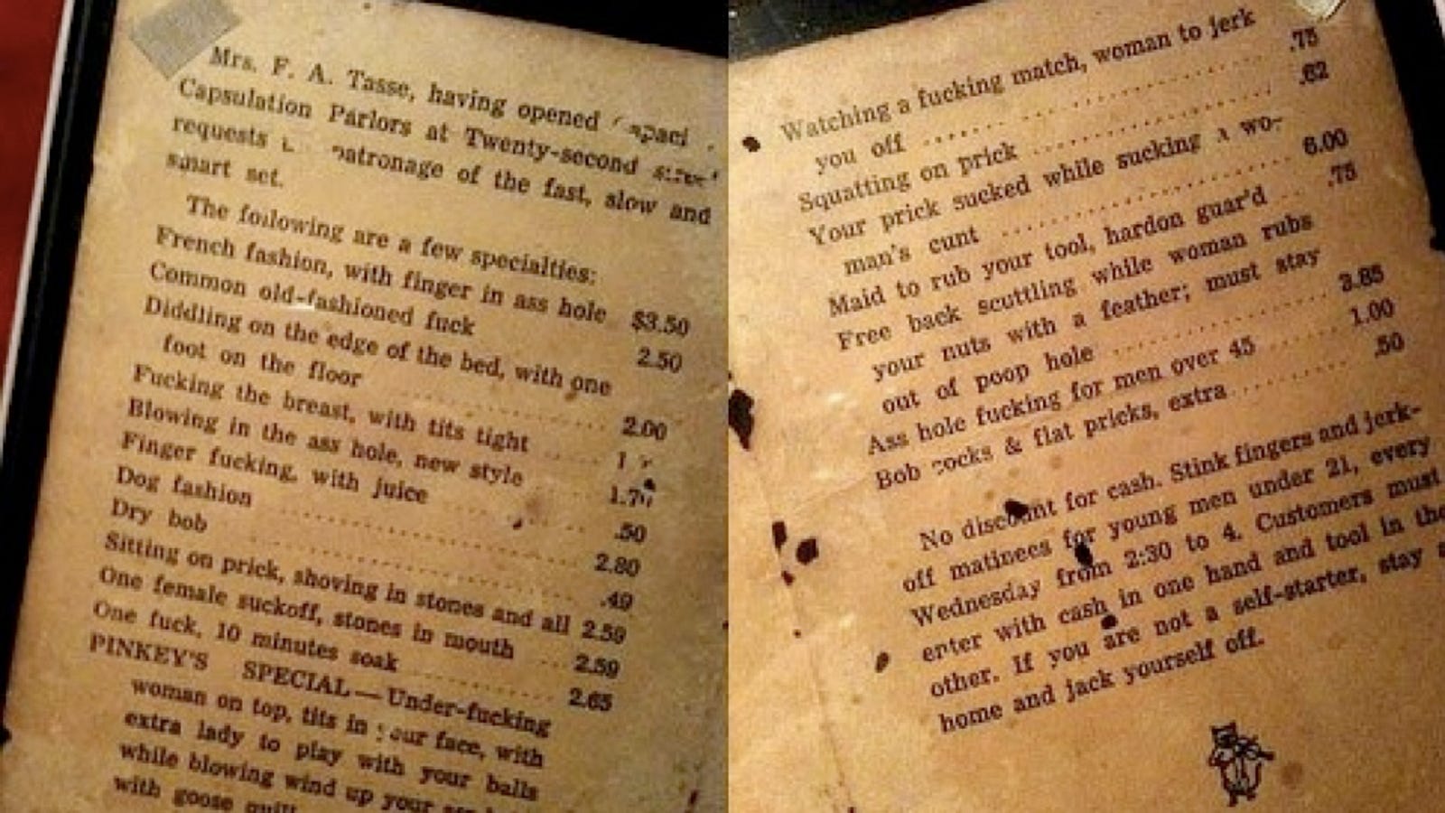 Brothel Menu from 1912 Is the Dirtiest Thing You’ll Read All Day