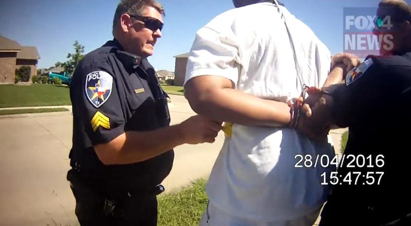 An unidentified sergeant tases Marco Stephenson in the side (KDFW-TV screenshot)