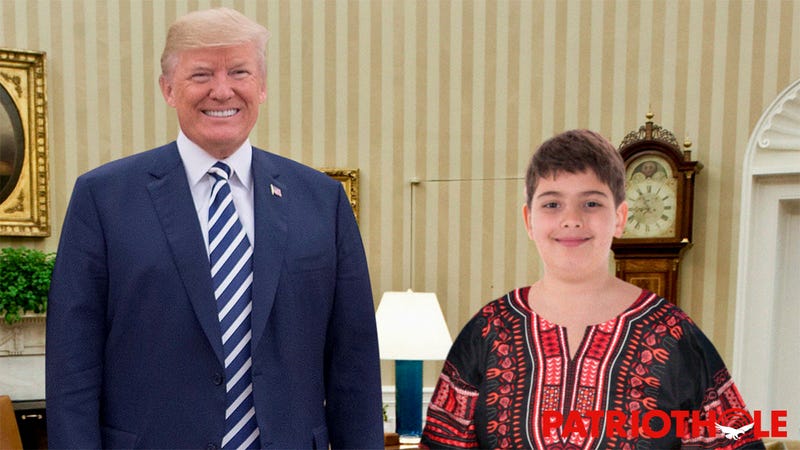 Illustration for article titled Trump To The Rescue: The Fat White Boy Who Was Expelled For Getting Fully Nude On The School Bus To Change Into His Dashiki Was Invited To The White House