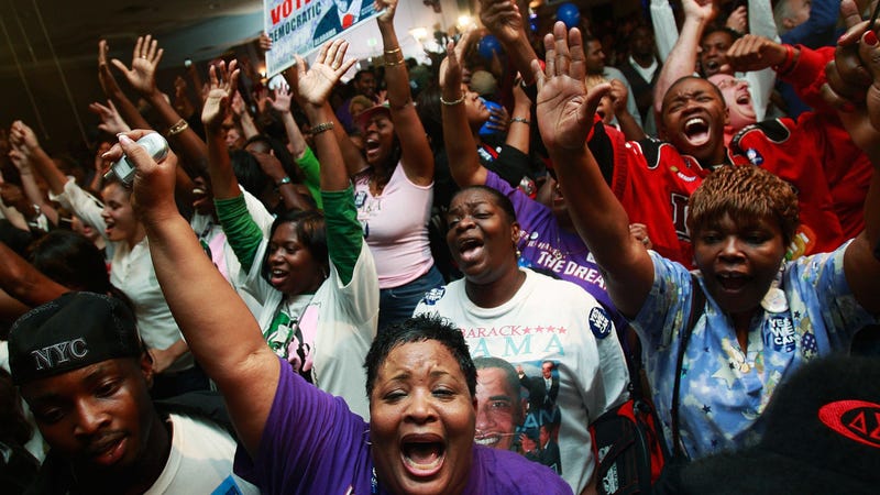 Supporters celebrate as Barack Obama’s presidential-election victory is announced on Nov. 4, 2008, in Birmingham, Ala. (Mario Tama/Getty Images)