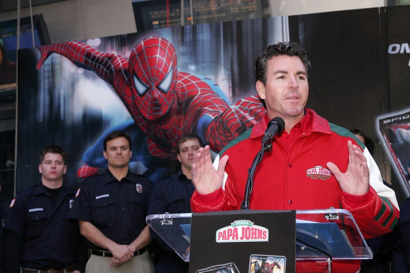 Founder of Papa John’s John Schnatter speaks onstage at the Spider-Man and Papa John’s Pizza’s announcement of ‘Hometown Super-Heroes’ in Times Square October 29, 2007 in New York City.