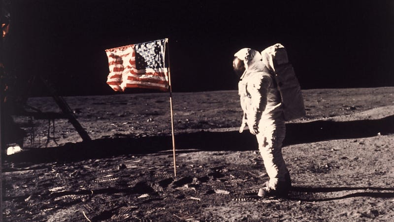 Buzz Aldrin posing with the U.S. flag on the lunar surface on July 20, 1969, as part of the Apollo 11 mission.