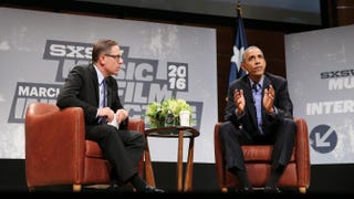 Evan Smith, CEO and editor-in-chief of the Texas Tribune, chats with President Barack Obama at the opening keynote during the 2016 SXSW Music, Film + Interactive Festival at Long Center in Austin, Texas, on March 11, 2016.Neilson Barnard/Getty Images for SXSW