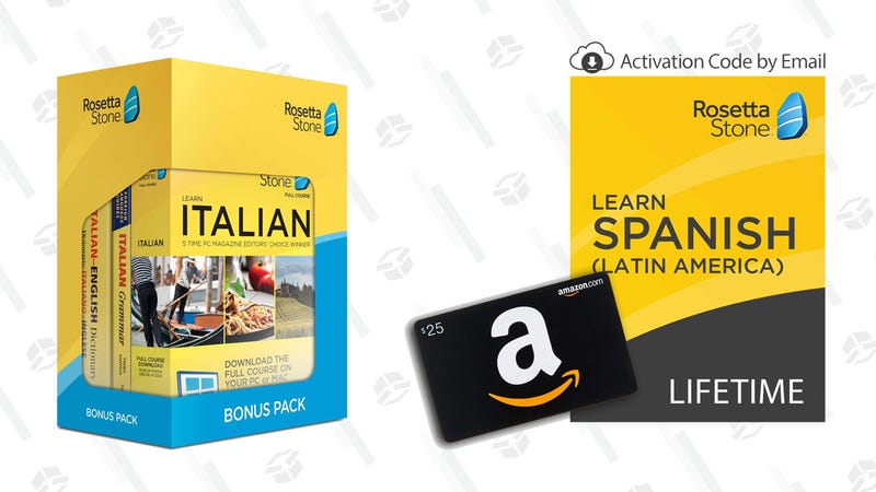 Rosetta Stone Bonus Pack (Spanish, Italian, German, French, English) | $118 | AmazonRosetta Stone Lifetime Access With $25 Amazon Gift Card | $175 | Amazon