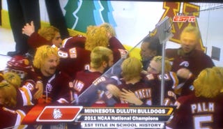 Illustration for article titled A Bunch Of Guys Who Dyed Their Hair Blondish Won The NCAA Hockey Championship Last Night