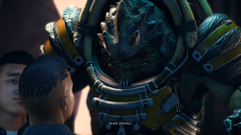 This is Drack, your Krogan squadmember. He’s a VERY old, sometimes grumpy warrior. And yes, I too can see how janky my character’s facial expression looks.