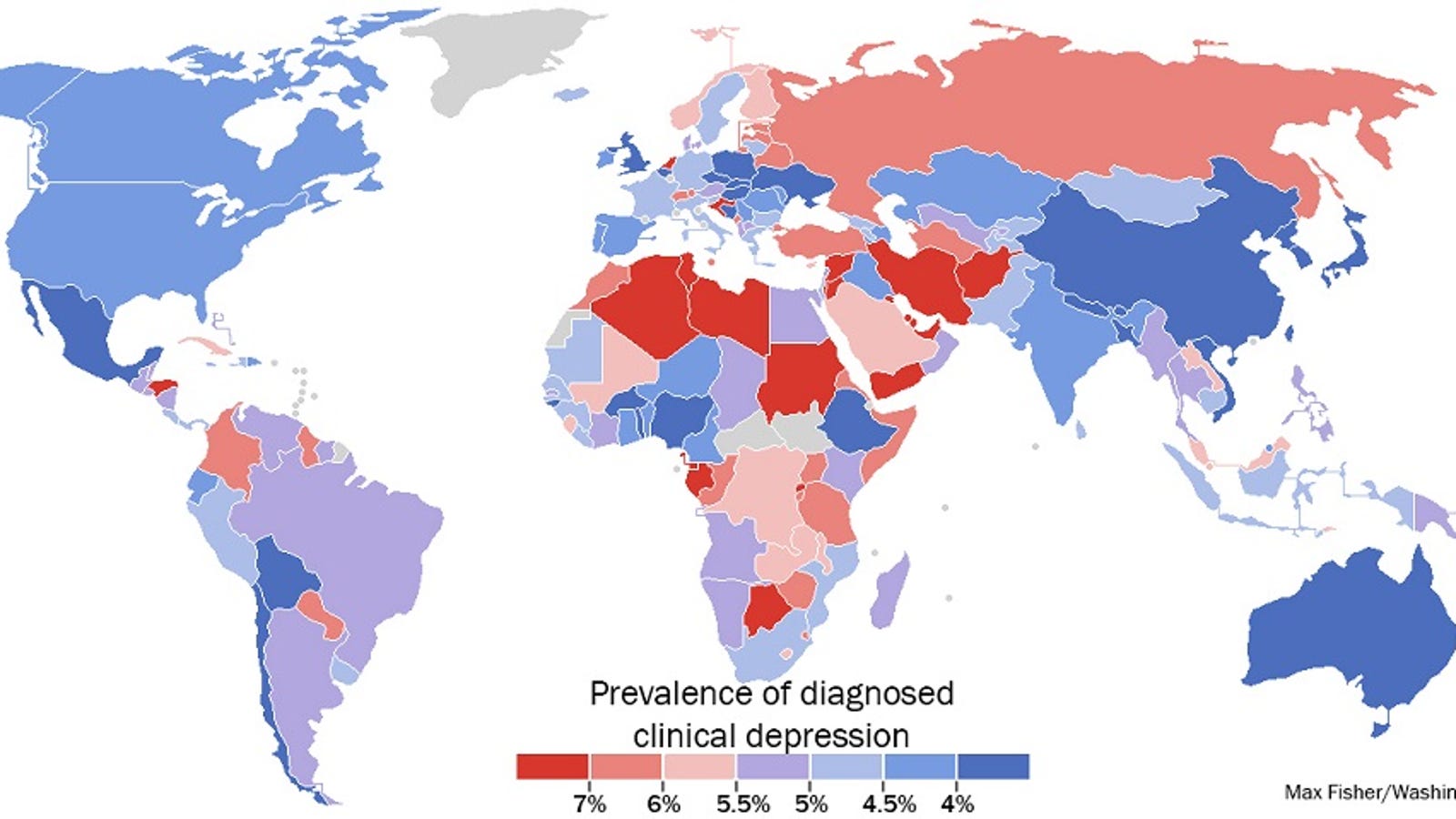 Which countries have the highest rate of diagnosed depression?