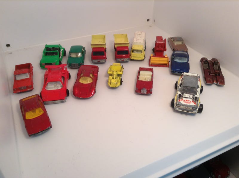 Vintage Cars. All Lesney regular wheels, except for the Superfast Lamborghini, Superfast Porsche, Majorette Custom Fiat 147 (back corner), Majorette Audi Quattro, and Majorette Lamborghini Countach.