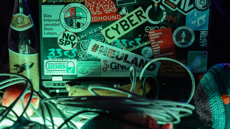 A laptop is standing on a table during the Chaos Communication Congress, an annual hacker conference held in Germany. 