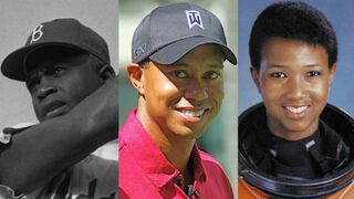 Jackie Robinson (Wikipedia Commons); Tiger Woods (Wikipedia Commons); Mae Jemison (Wikipedia Commons)
