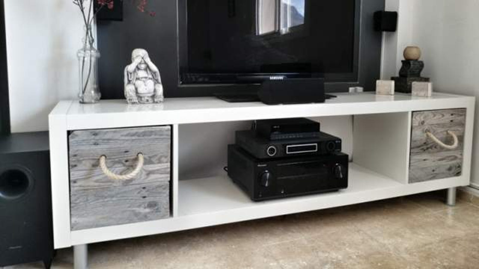 Make a DIY TV Stand with an IKEA Expedit and Pallet Boxes