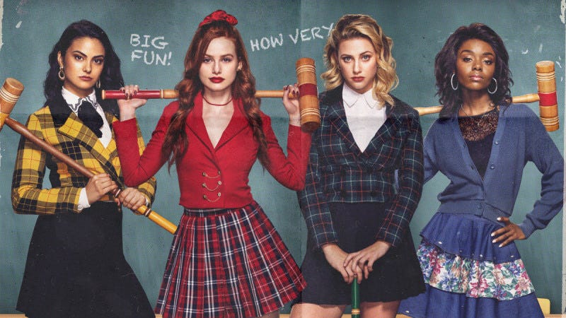 Camila Mendes as Veronica/Heather McNamara, Madelaine Petsch as Cheryl/Heather Chandler, Lili Reinhart as Betty/Heather Duke, and Ashleigh Murray as Josie/Veronica Sawyer