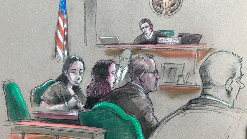 In this artist sketch, a Chinese woman, Yujing Zhang, left, listens to a hearing Monday, April 8, 2019, before federal Magistrate Judge William Matthewman in West Palm Beach, Fla. Secret Service agents arrested the 32-year-old woman March 30 after they say she gained admission by falsely telling a checkpoint she was a member and was going to swim. 