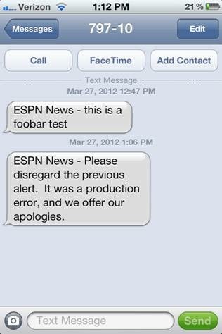 Illustration for article titled Mistaken ESPN Text Alert Reads Like A Cry For Help