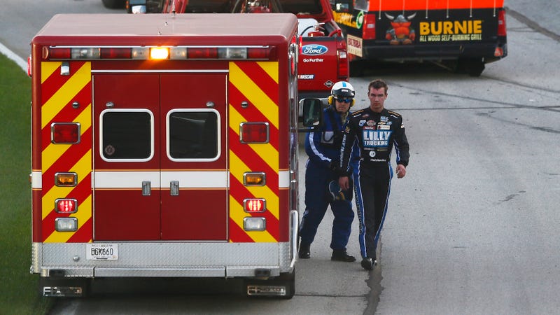 NASCAR Camping World Truck Series driver Cody Ware walks to an ambulance after a wreck in 2015. Photo credit: Kevin C. Cox/Getty Images