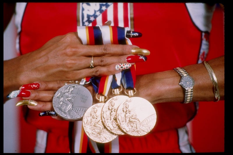 View of Florence Griffith-Joynerââs medals won at the Summer Olympic Games in Seoul, South Korea.