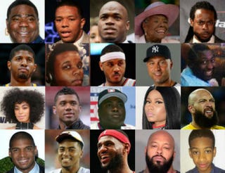 Top row: Tracy Morgan; Ray Rice, Adrian Peterson; Maya Angelou; Richard Sherman. Second row: Paul George, Michael Brown, Carmelo Anothony, Derek Jeter, Eric Garner. Third row: Solange Knowles, Russell Wilson, Tony Gwynn, Nicki Minaj, Tim Howard. Bottom row: Michael Sam, DeSean Jackson, LeBron James, Suge Knight;Â Avonte Oquendo.Getty Images; Eric Garner: Facebook;Â Avonte Oquendo: Autism Wonderland