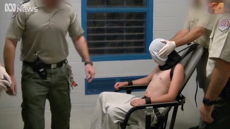 Dylan Voller, an Australian youth prisoner, is seen being abused in a Northern Territory detention center in 2015 during undercover news footage broadcast in 2016