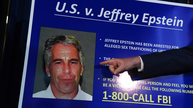 US attorney for the Southern District of New York points to a photo of Jeffrey Epstein at a July 8, 2019 press conference.