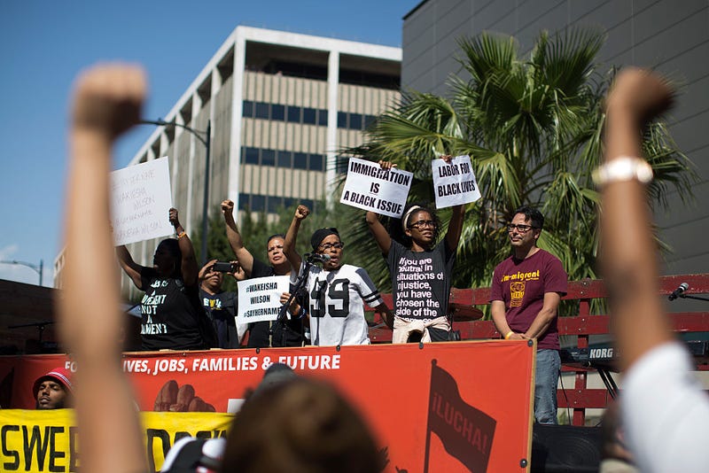Black Lives Matter demonstrators express themselves at one of several May Day marches on May 1, 2016, in Los Angeles. David McNew/Getty Images