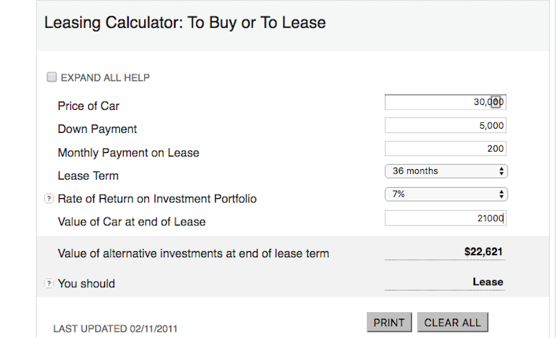 find the opportunity cost of buying a car with this buy or car buying calculator
