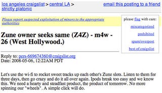 Illustration for article titled Zune Owner Uses Craigslist for Love Connection