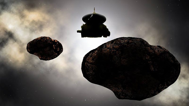 Artist’s depiction of NASA’s New Horizons spacecraft flying by the possible binary 2014 MU69. (Image: Carlos Hernandez)