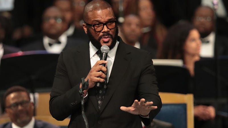 Tyler Perry speaks at the funeral for Aretha Franklin at the Greater Grace Temple on August 31, 2018 in Detroit, Michigan