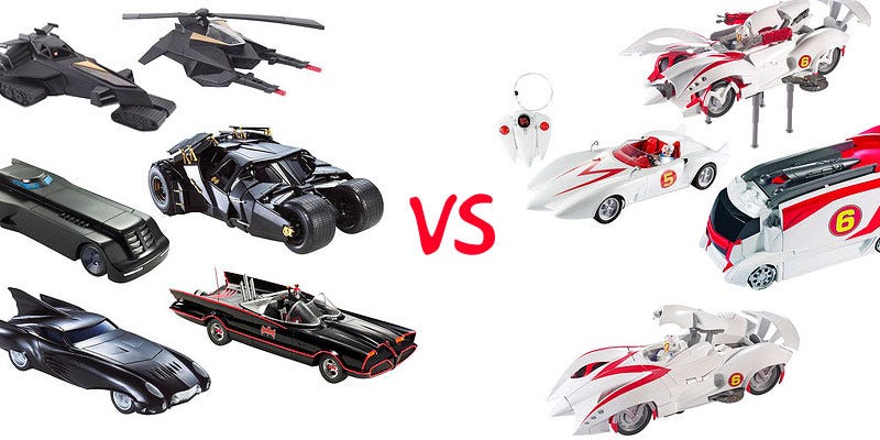 Illustration for article titled Speed Racer vs. Batmobile Zoomdown: Entire 2008 Toy Lineup Get Us All Revved Up