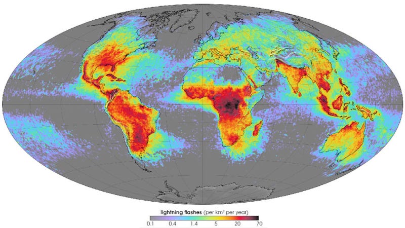 A map of where lightning strikes most across the globe