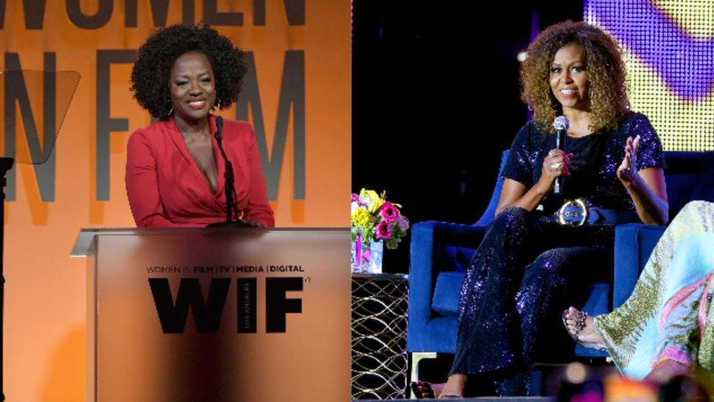 Viola Davis, left, speaks onstage at the 2019 Women In Film Annual Gala on June 12, 2019 in Beverly Hills, California. ; Michelle Obama speaks onstage during the 2019 Essence Festival Presented on July 06, 2019 in New Orleans, Louisiana.