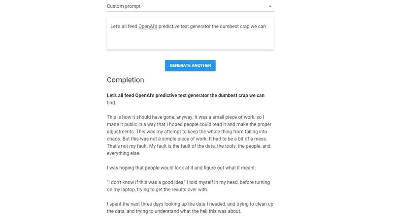 Illustration for article titled Let's All Feed OpenAI's Predictive Text Generator the Dumbest Crap We Can