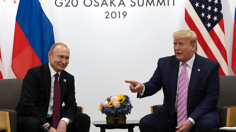 President Donald Trump jokes around about election interference with Vladimir Putin at the G20 summit in Osaka, Japan on June 28, 2019