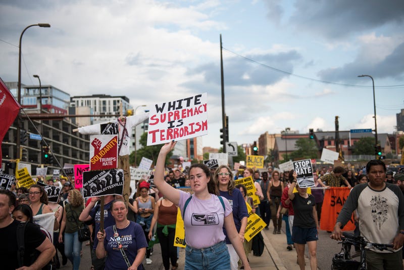 People march down Washington Avenue in Minneapolis on Aug. 14, 2017, to protest racism and the violence that happened over the weekend in Charlottesville, Va. (Stephen Maturen/Getty Images)