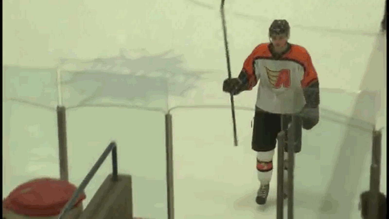 Hockey Player Attempts Dramatic Exit Nearly Decapitates Himself