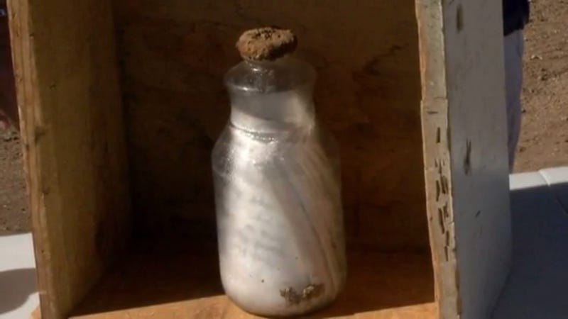 Glass bottle time capsule from 1968 that was discovered in Albuquerque, New Mexico (Screenshot via KQRE)