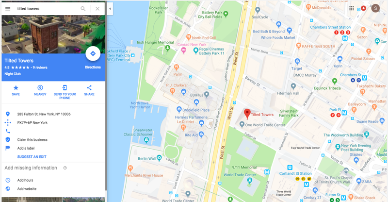 Illustration for article titled Fortnite's Tilted Towers Temporarily Had An Address On Google: The Freedom Tower