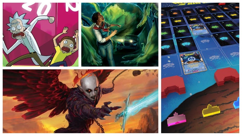 Clockwise from left: Dungeons & Dragons vs. Rick & Morty, Arkham Horror: The Card Game, Space Invaders: The Board Game, Baldur’s Gate: Descent Into Avernus.