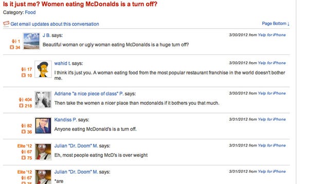 The Dumbest Yelp Thread Ever: 'Is It Just Me? Women Eating McDonald's a ...