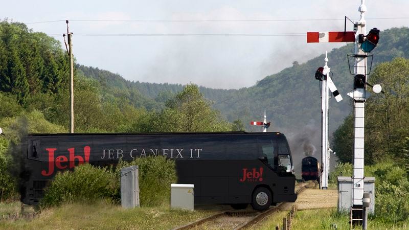 Illustration for article titled Campaign Setback: Jeb Bush’s Bus Broke Down On A Train Track And A Train Is Approaching Fast
