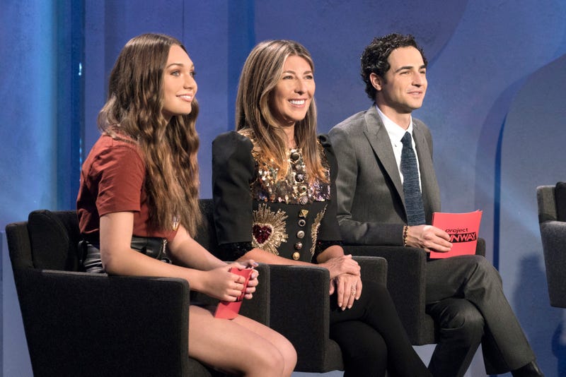Guest judge Maddie Ziegler, Nina Garcia, and Zac Posen judge the third challenge of Project Runway season 16. (Photo: Barbara Nitke/Lifetime)